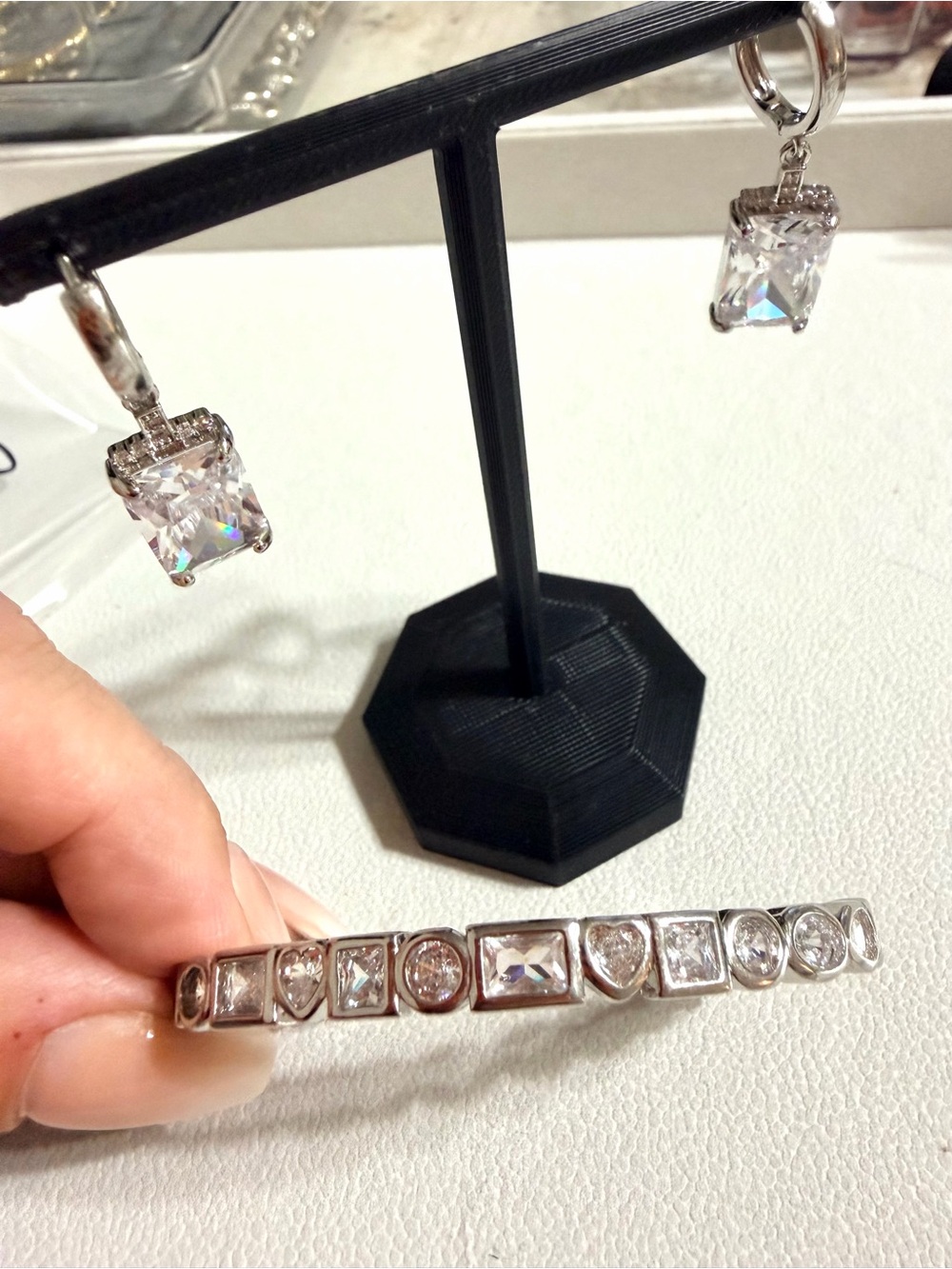Silver Cz cuff Bracelet and Square Drop Earrings Set - Clear